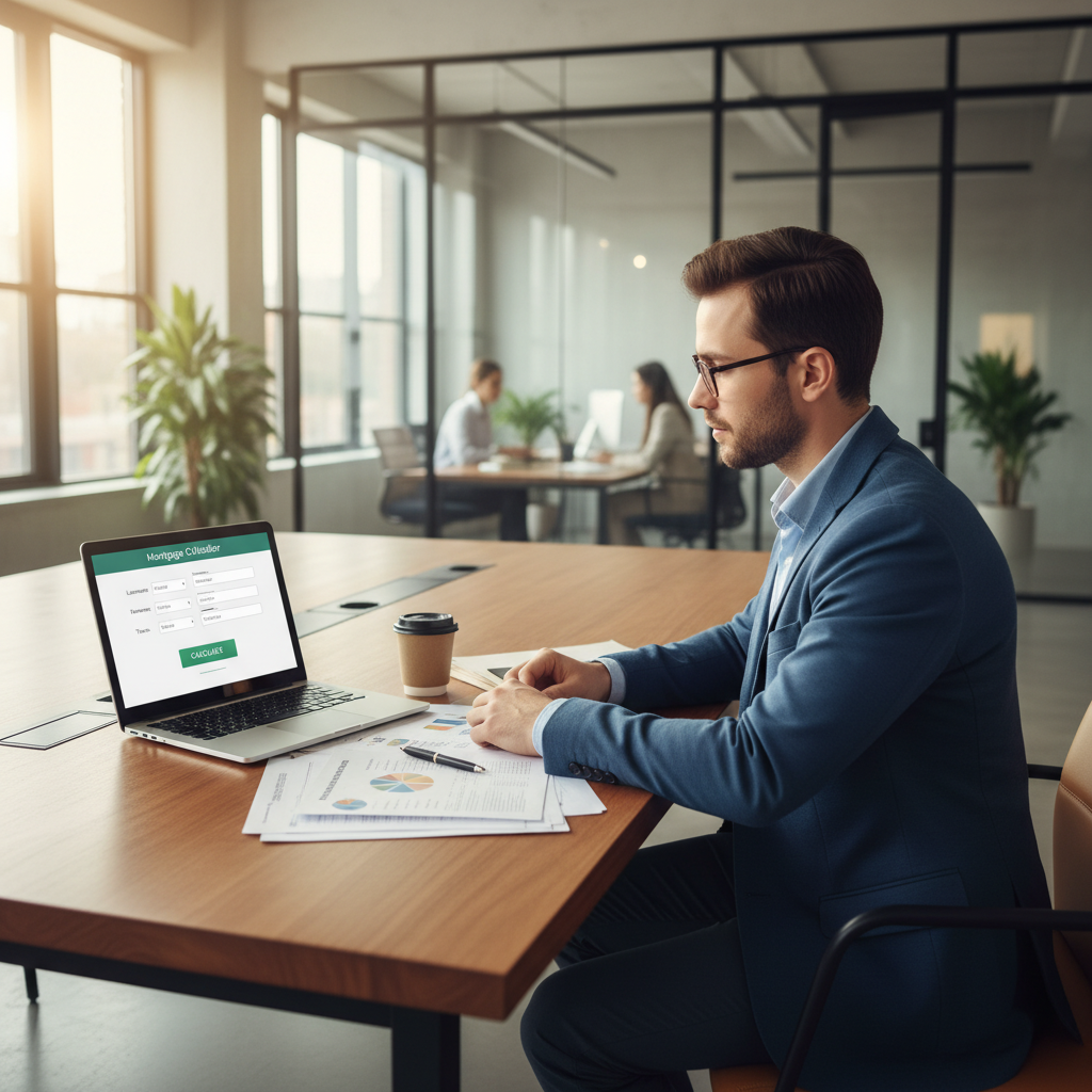 A professional-looking person sitting in a modern office, reviewing financial documents and a laptop showing a mortgage calculator, soft natural lighting.