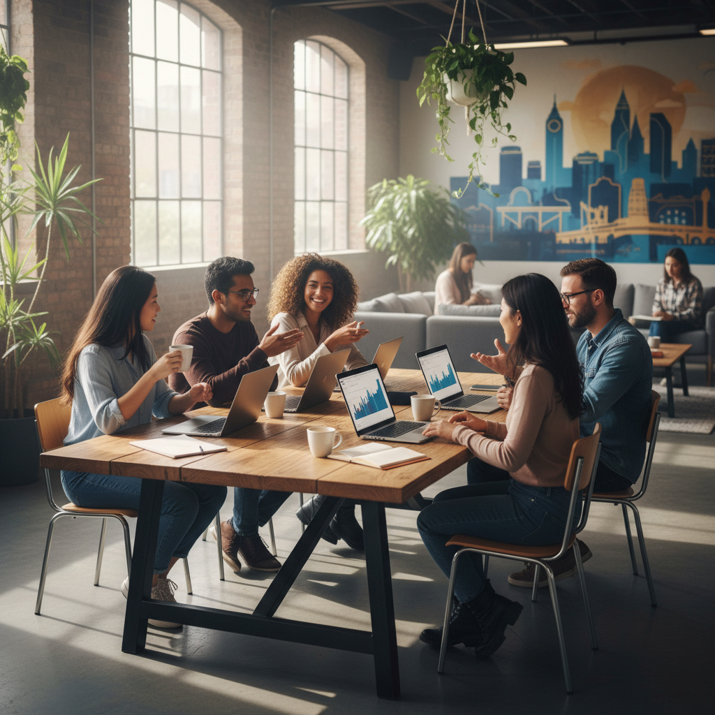 A diverse group of young entrepreneurs in a modern, sunlit London co-working space, collaborating around a large wooden table with laptops and coffee, photorealistic, 8k resolution, cinematic lighting.