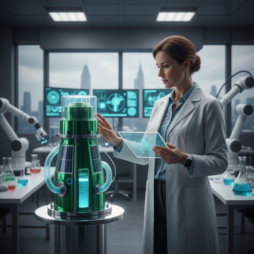 A high-tech research laboratory setting in the UK, a scientist-entrepreneur inspecting a sleek green-tech prototype, soft bokeh background, photorealistic, sharp focus.