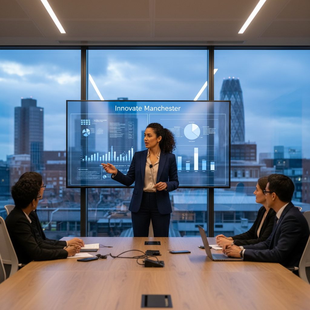 A professional female entrepreneur of international background presenting a pitch on a digital screen in a modern boardroom, cityscape of Manchester visible through the window, photorealistic, high-end commercial photography style.