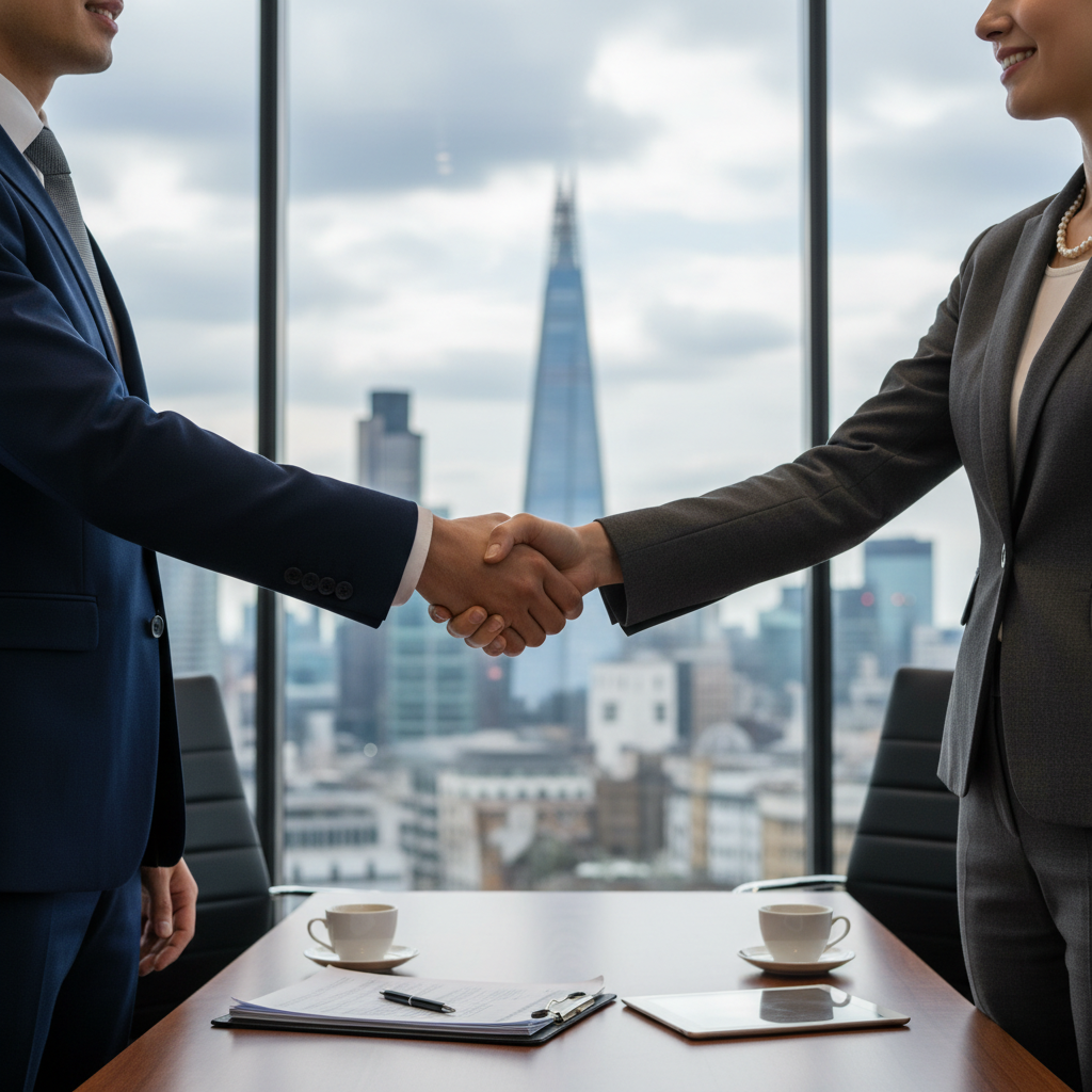 A professional handshake between a financial advisor and a client in a glass-walled boardroom with a view of the London skyline in the distance, photorealistic, sharp focus.