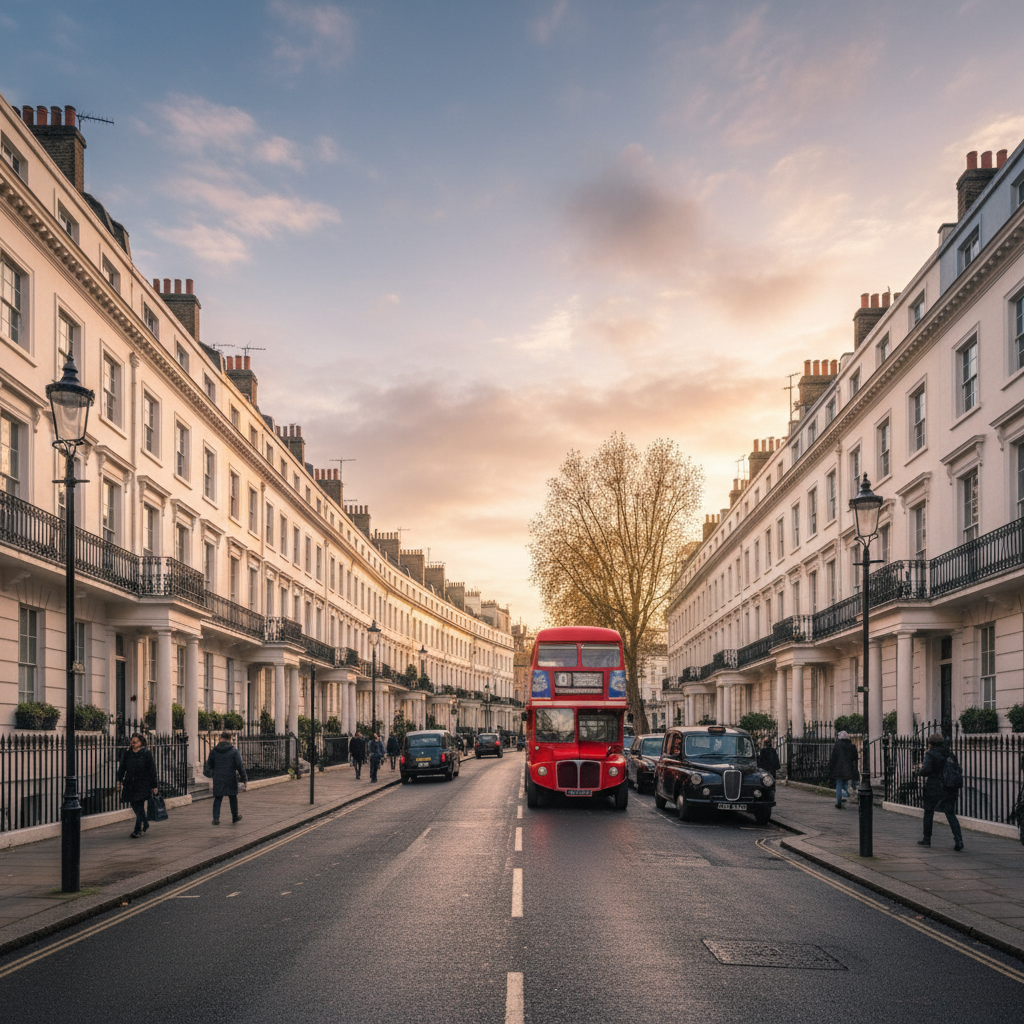 A wide shot of a classic London street with white Georgian-style townhouses and a red bus passing by, photorealistic, cinematic lighting, 8k resolution.