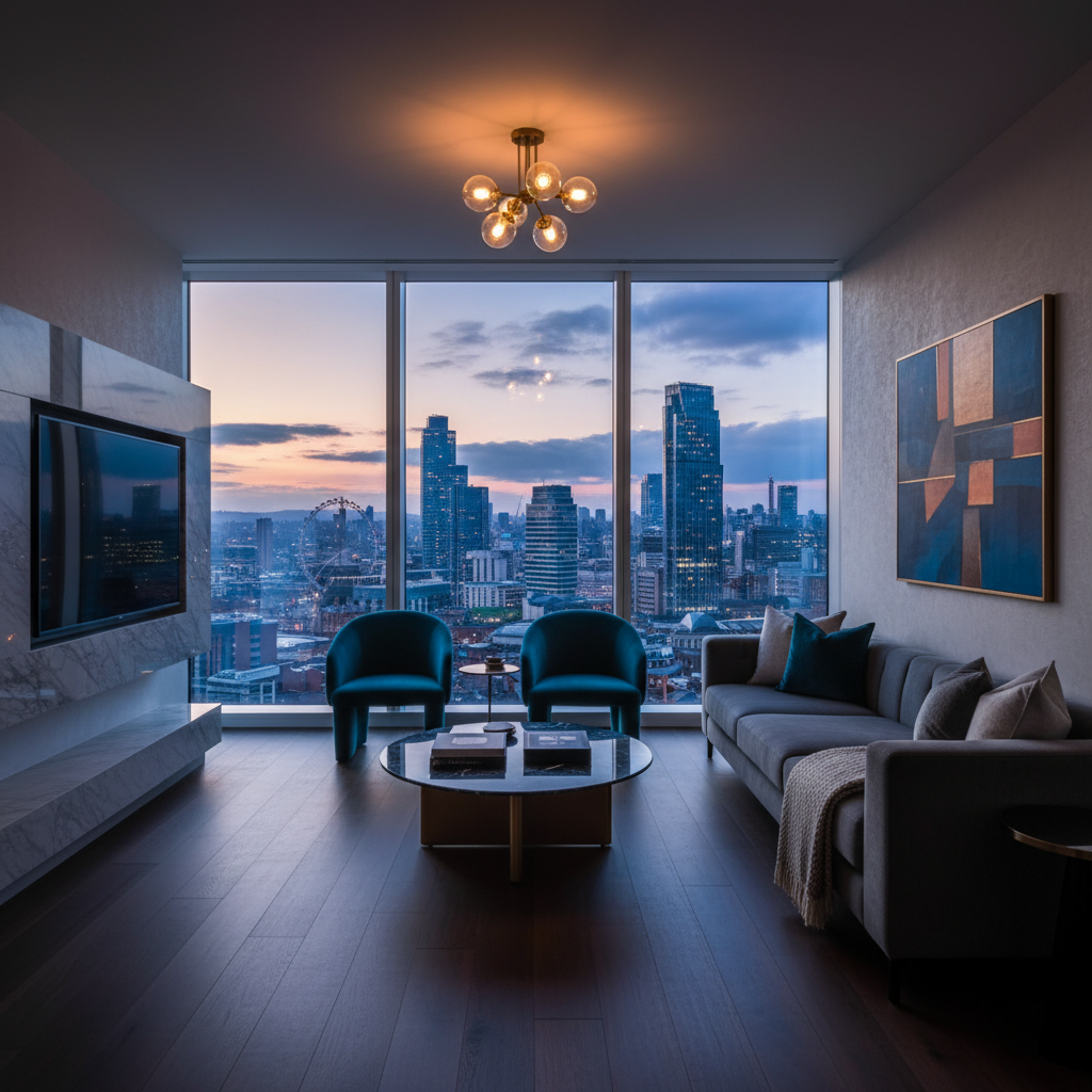 A modern, stylishly decorated living room of a high-end apartment with a view of the Manchester skyline through large windows, photorealistic, interior design photography, high contrast.