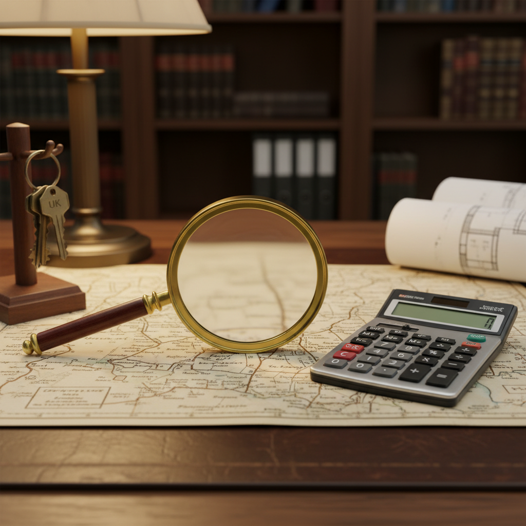 A professional wooden desk with a magnifying glass over a UK property map, a set of house keys, and a calculator, high-resolution, sharp focus, soft office lighting.