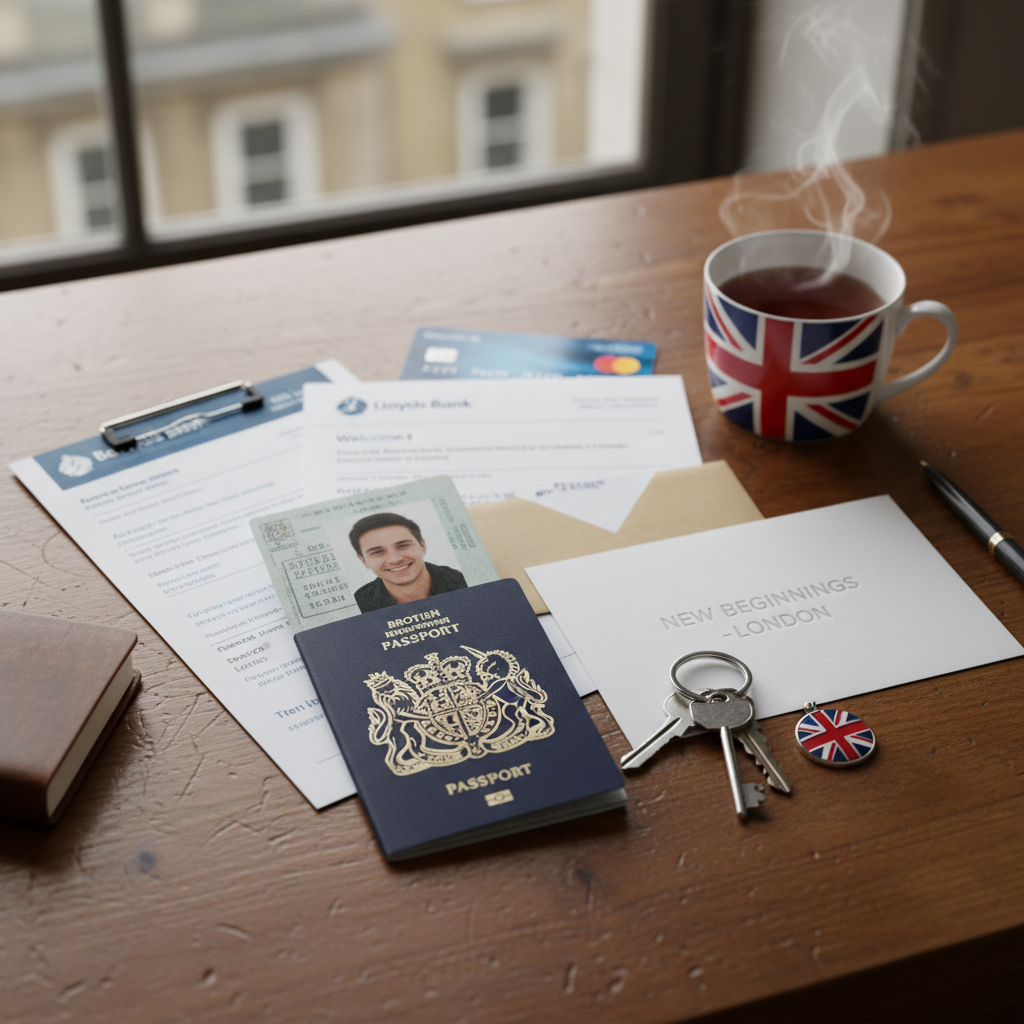 A collection of British banking documents, a passport, and a set of house keys on a wooden desk, symbolizing a new start in the UK, photorealistic.