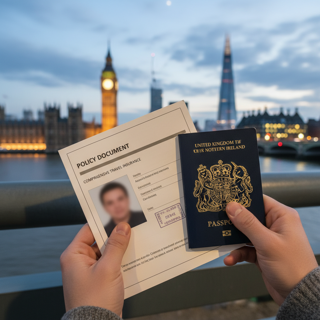 A close-up of a person holding a British passport and an insurance policy document, blurred London city background, high detail, photorealistic.
