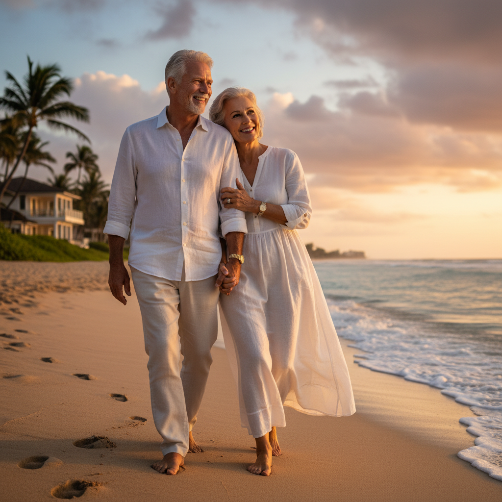 A happy retired couple walking on a beach at sunset, wearing linen clothes, looking financially secure and content, realistic photography.