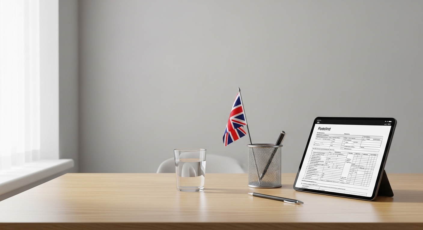 A clean and organized minimalist workspace featuring a glass of water, a digital tablet showing a tax form, and a small British flag on a pen holder.