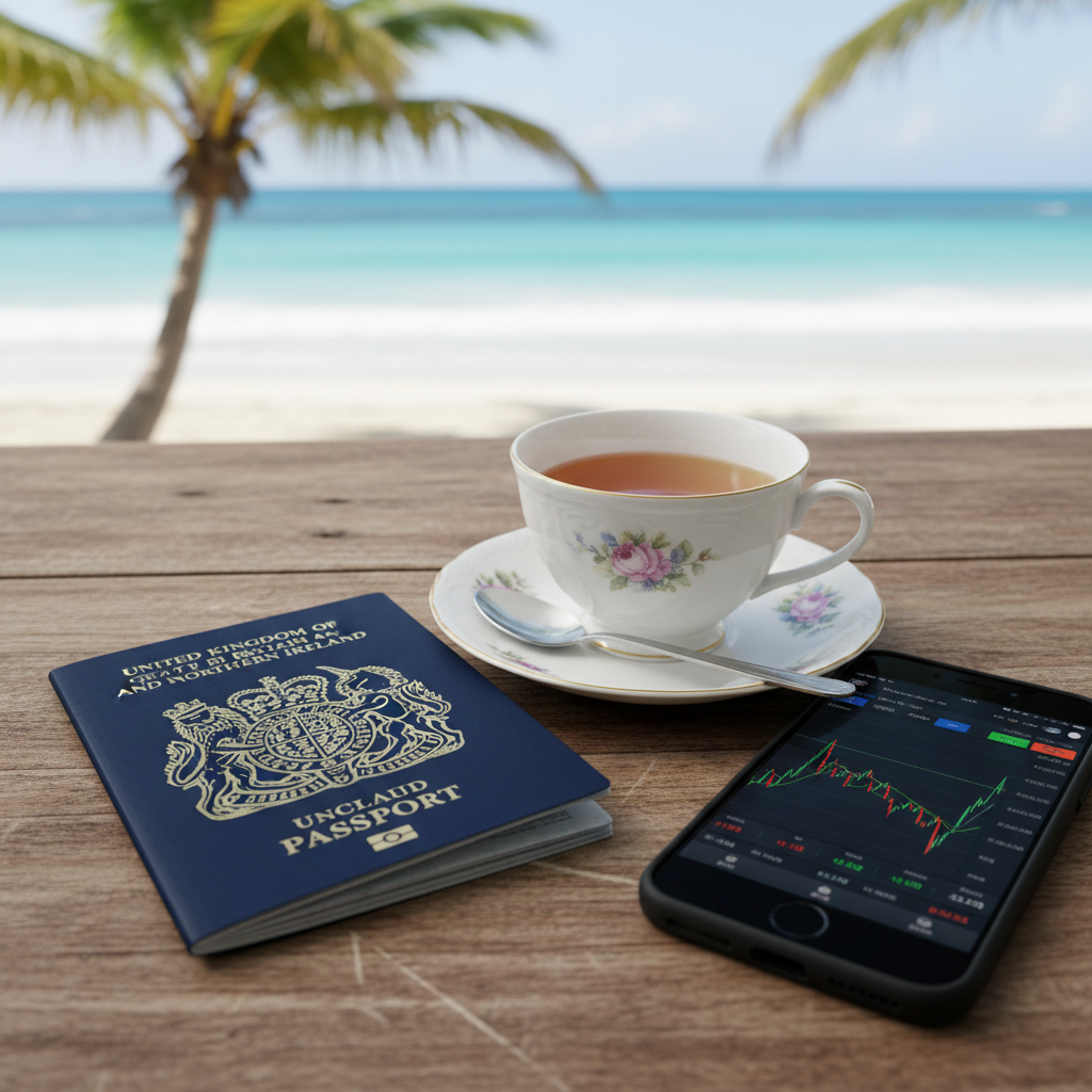 A photorealistic close-up of a British passport resting on a wooden table next to a cup of English tea and a smartphone showing a stock market app, with a blurred tropical beach background.