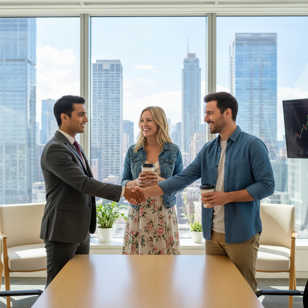 A professional financial consultant in a sharp suit shaking hands with a casual British expat couple in a bright, modern office with large windows overlooking a city skyline.