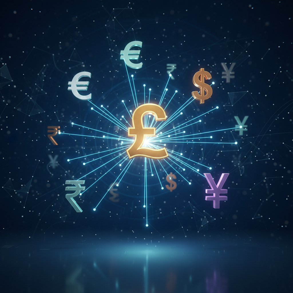 A digital conceptual graphic showing a golden British pound sign connected to various global currency symbols like the Euro, Dollar, and Yen via glowing lines on a dark blue background.