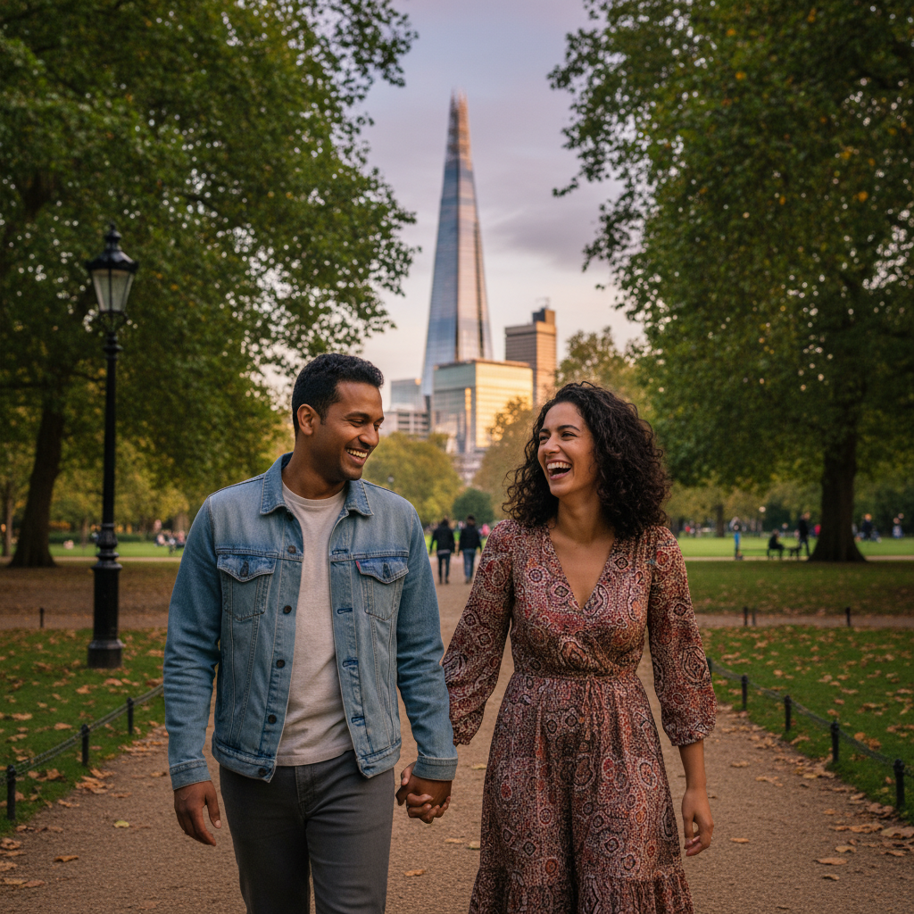 A happy multi-ethnic couple walking through a London park with the Shard in the background, candid and photorealistic style, cinematic lighting.