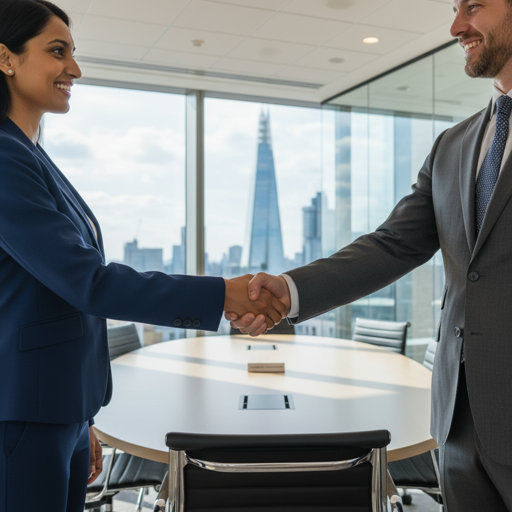 A professional handshake between a diverse client and a lawyer in a bright, modern London boardroom, high-end photography, sharp focus.