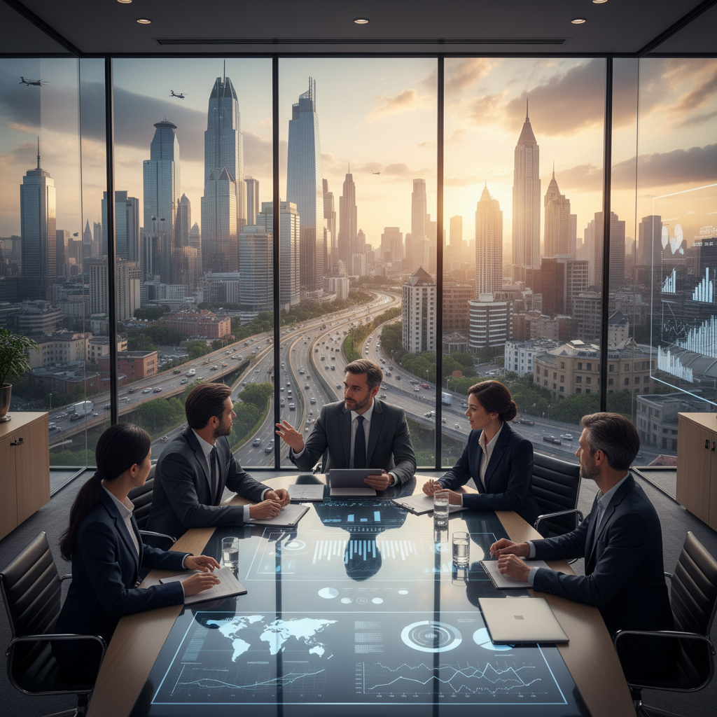 A diverse group of business professionals in a sleek, glass-walled office overlooking a global skyline, discussing strategy, photorealistic.