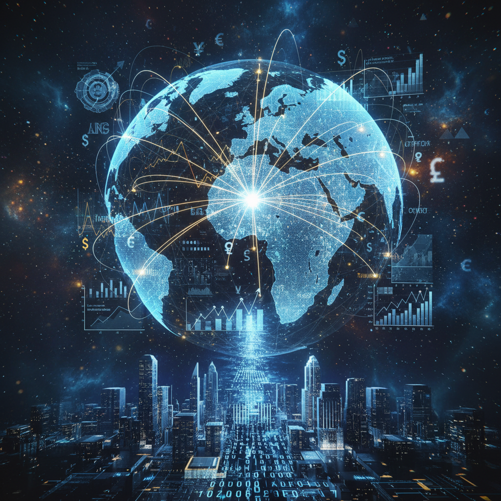 A visual representation of global finance, showing a digital world map with glowing connections between London and other international hubs.