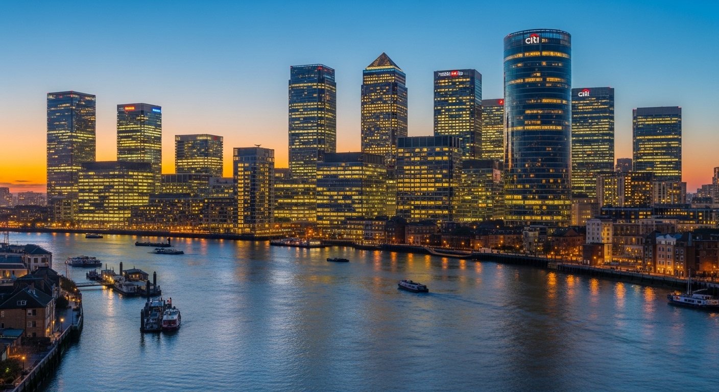 An expansive view of the London Canary Wharf skyline at dusk, with the lights of the office buildings reflecting off the Thames river, photorealistic, cinematic.