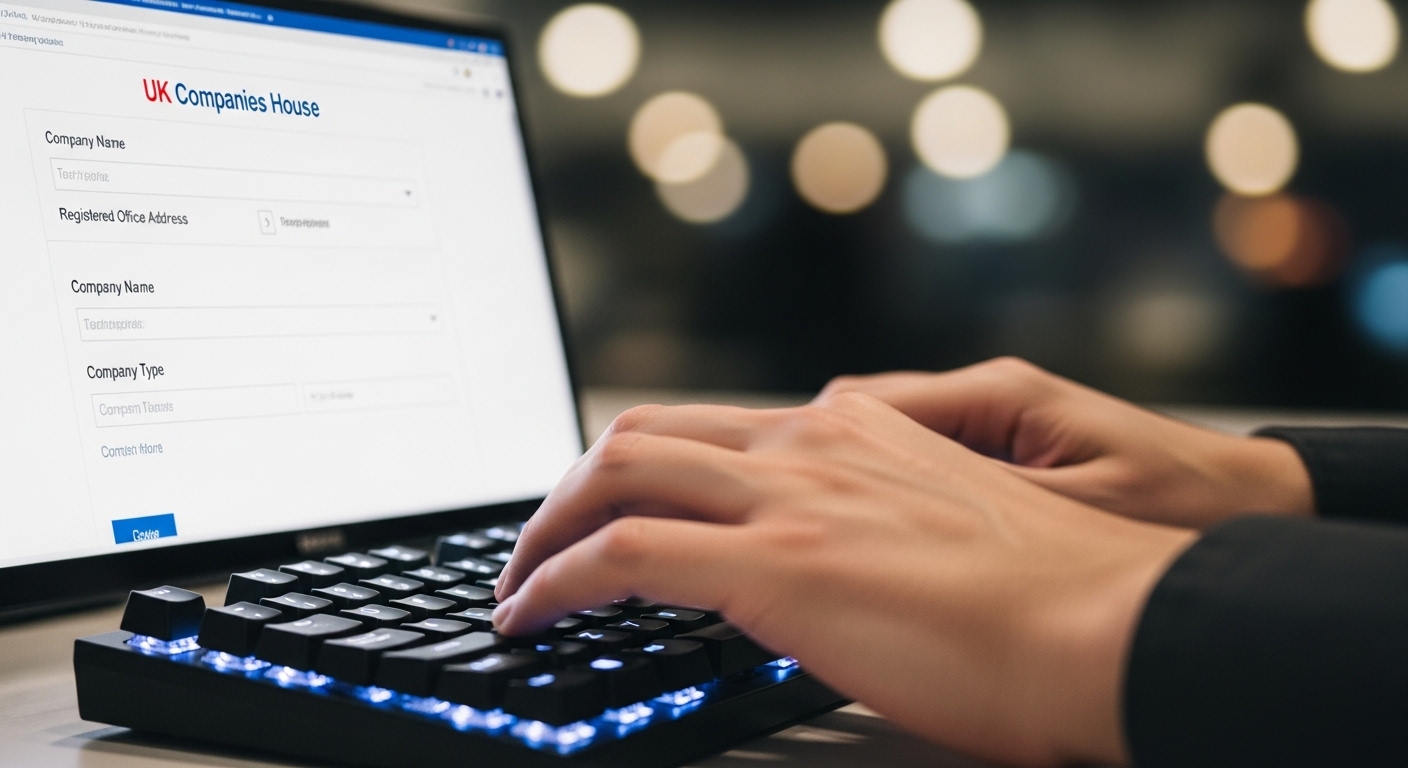Close-up of a person's hands typing on a mechanical keyboard with a digital screen displaying the UK Companies House registration portal. Soft bokeh lighting, professional office atmosphere, photorealistic style.