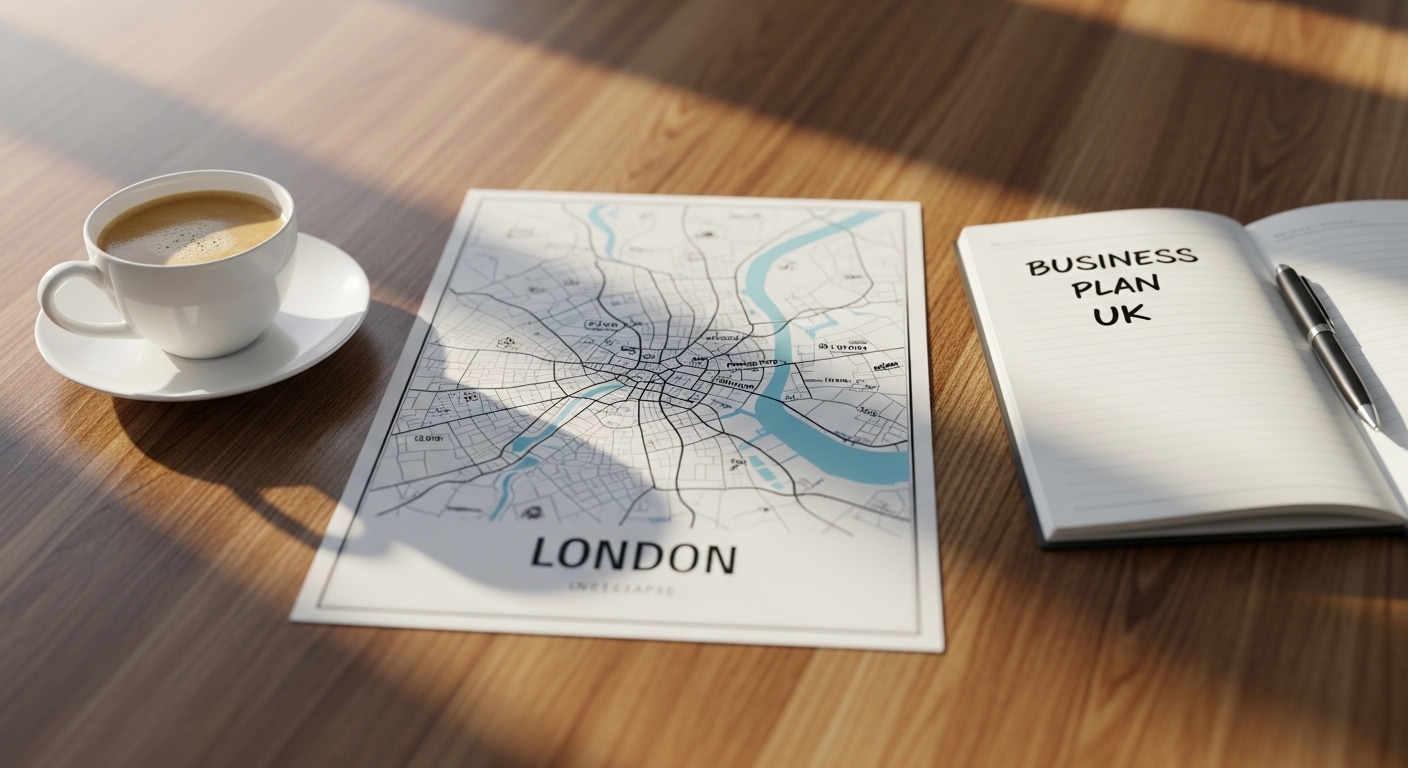 A minimalist infographic layout on a wooden table featuring a London map, a cup of coffee, and a notepad with 'Business Plan UK' written on it. Natural morning sunlight, photorealistic.
