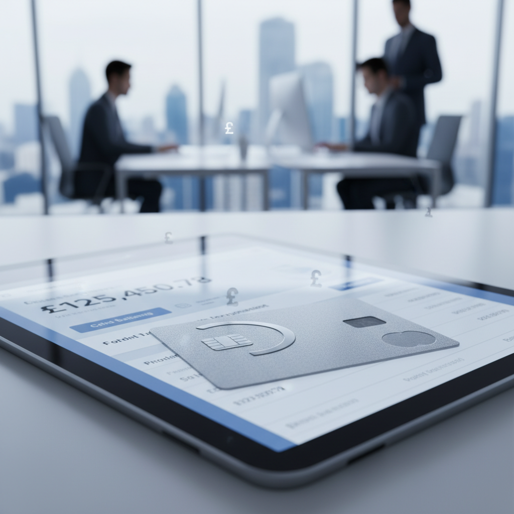 Professional business banking scene: A contactless business card resting on a tablet showing a banking app with British Pound symbols. Clean, bright, and modern financial aesthetic, photorealistic.